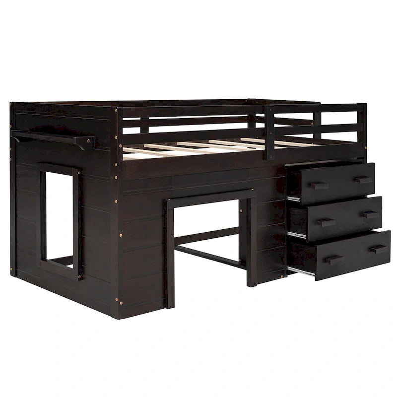 Twin Loft Bed with Cabinet and Shelf, White
