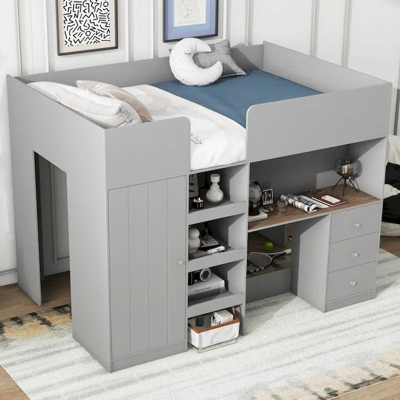 Full Wood Loft Bed with Wardrobe, Desk, 3 Drawers, and Storage Shelf
