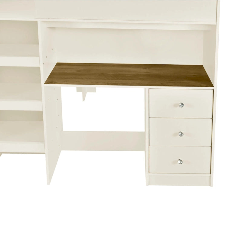 Wood Full Size Loft Bed with Built-in Wardrobe, Desk, Storage Shelves and Drawers, Wooden Support Bed Frame No Spring Box Needed