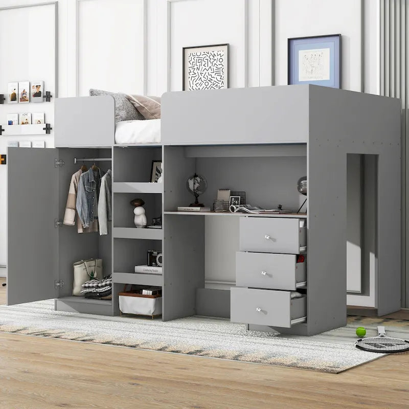 Full Wood Loft Bed with Wardrobe, Desk, 3 Drawers, and Storage Shelf