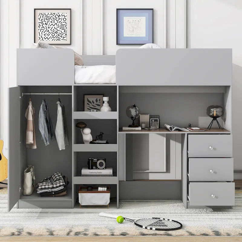 Full Wood Loft Bed with Wardrobe, Desk, 3 Drawers, and Storage Shelf