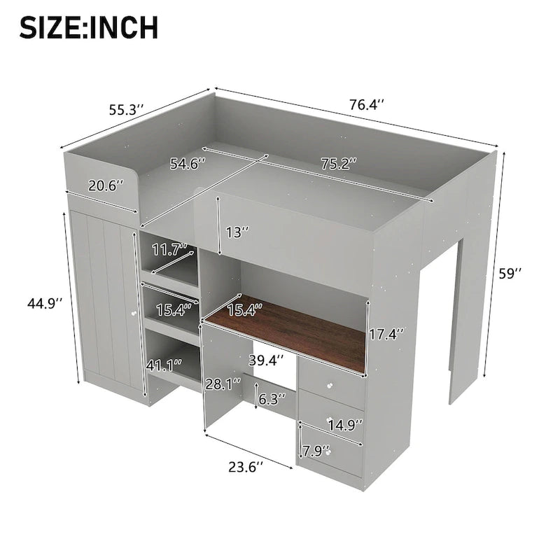 Full Wood Loft Bed with Wardrobe, Desk, 3 Drawers, and Storage Shelf