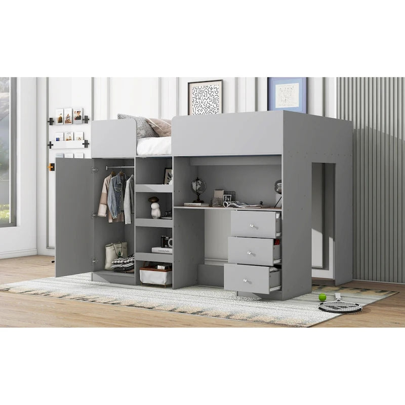 Full Wood Loft Bed with Wardrobe, Desk, 3 Drawers, and Storage Shelf