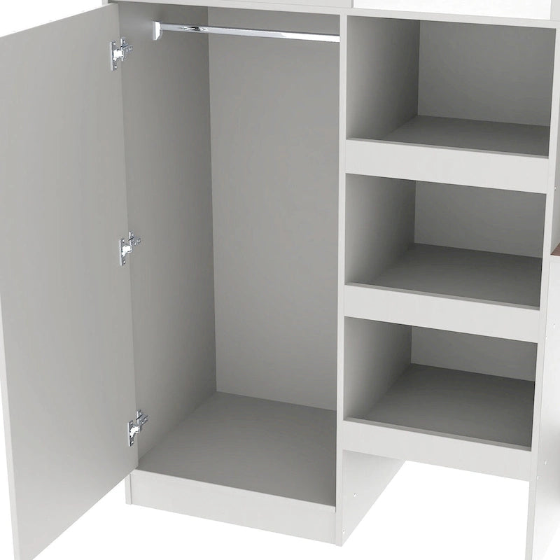 Full Wood Loft Bed with Wardrobe, Desk, 3 Drawers, and Storage Shelf