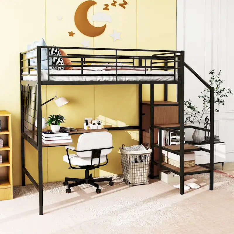 White Full Metal Loft Bed with Desk, Metal Grid, Wardrobe, Side Ladder