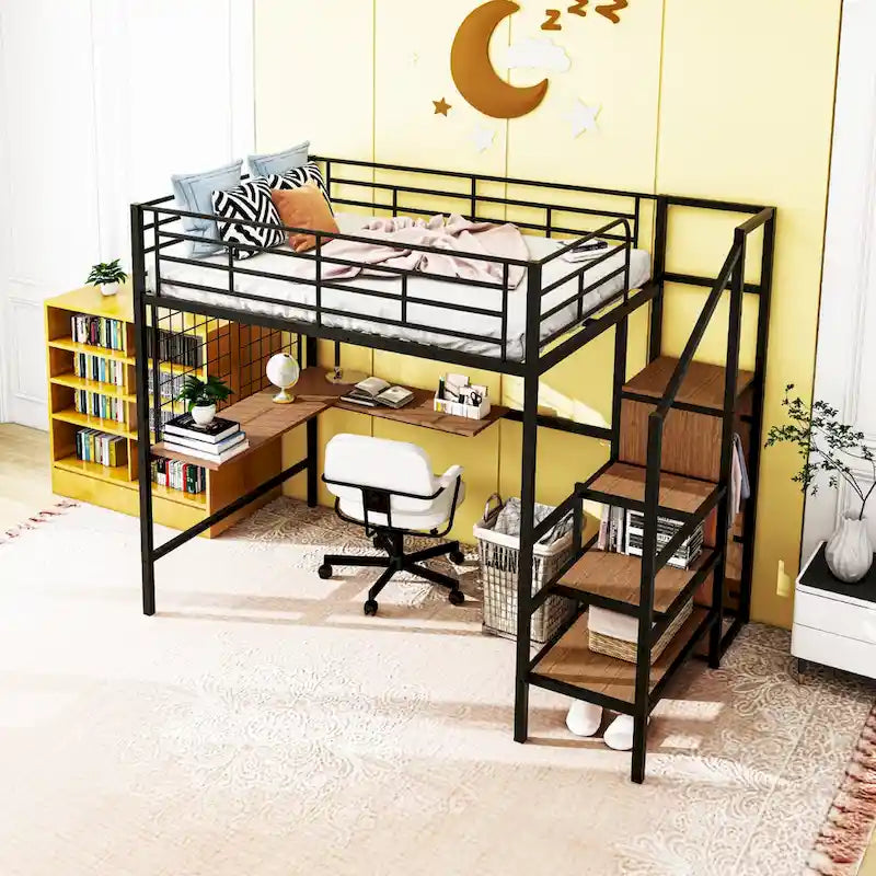 White Full Metal Loft Bed with Desk, Metal Grid, Wardrobe, Side Ladder