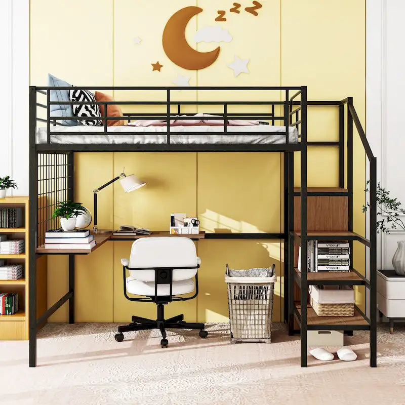 White Full Metal Loft Bed with Desk, Metal Grid, Wardrobe, Side Ladder