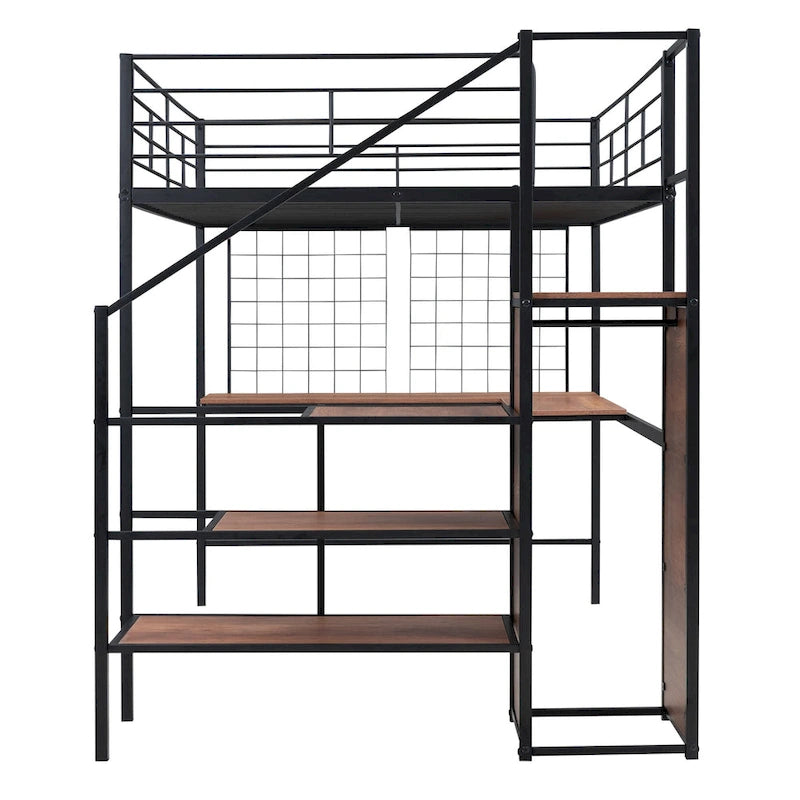 White Full Metal Loft Bed with Desk, Metal Grid, Wardrobe, Side Ladder