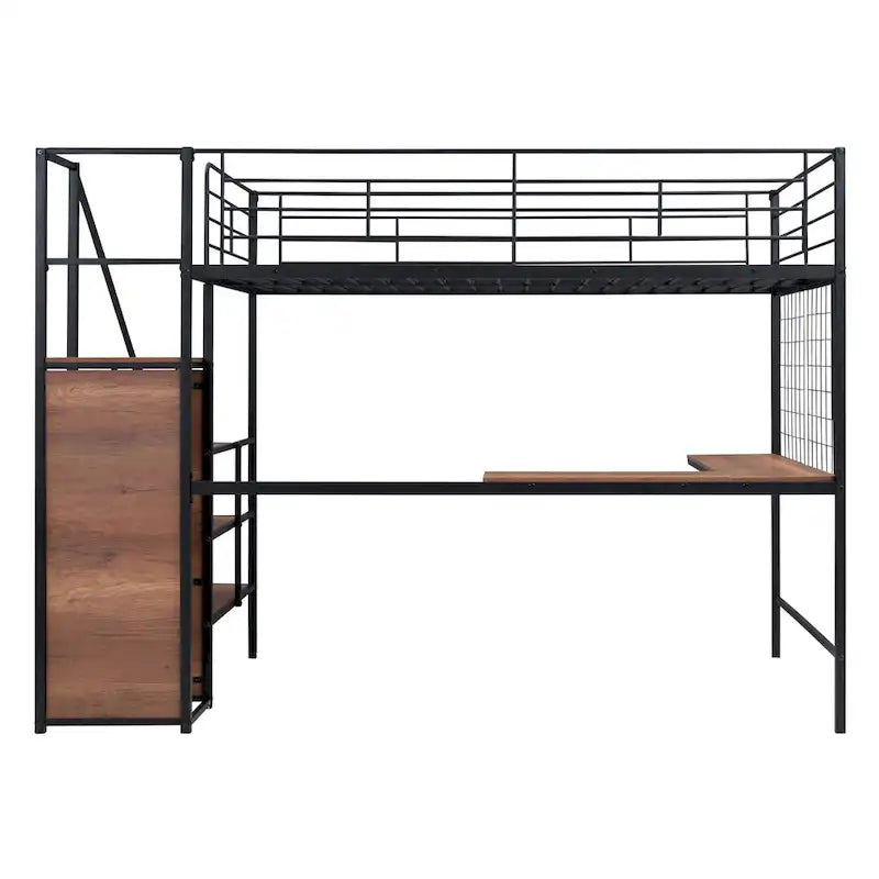White Full Metal Loft Bed with Desk, Metal Grid, Wardrobe, Side Ladder