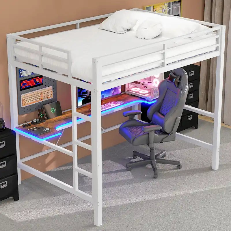 Metal Loft Bed with Desk, USB Charging Station, LED Lights, Guardrails