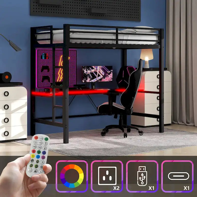 Metal Loft Bed with Desk, USB Charging Station, LED Lights, Guardrails
