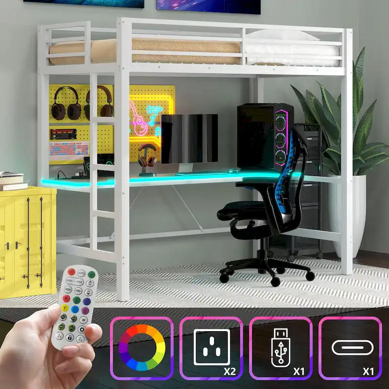 Metal Gaming Loft Bed with Desk & USB Charge Station, Teens Bedrooms Bed Frame with LED Lights, Full-Length Guardrails