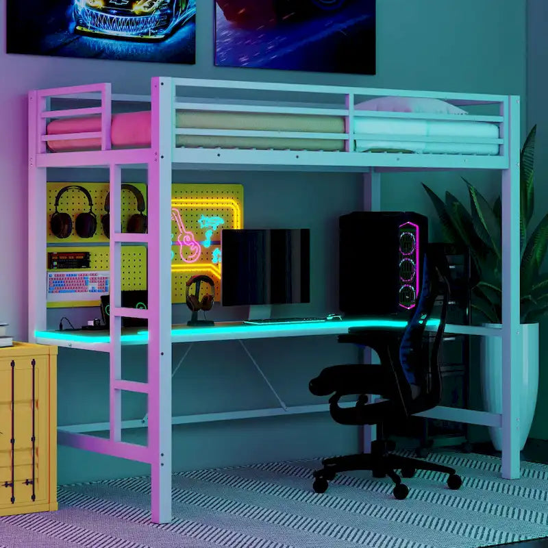 Metal Loft Bed with Desk, USB Charging Station, LED Lights, Guardrails