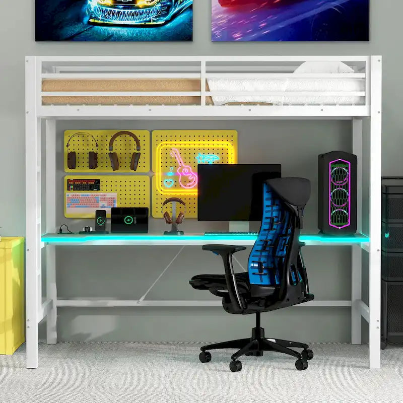 Metal Loft Bed with Desk, USB Charging Station, LED Lights, Guardrails
