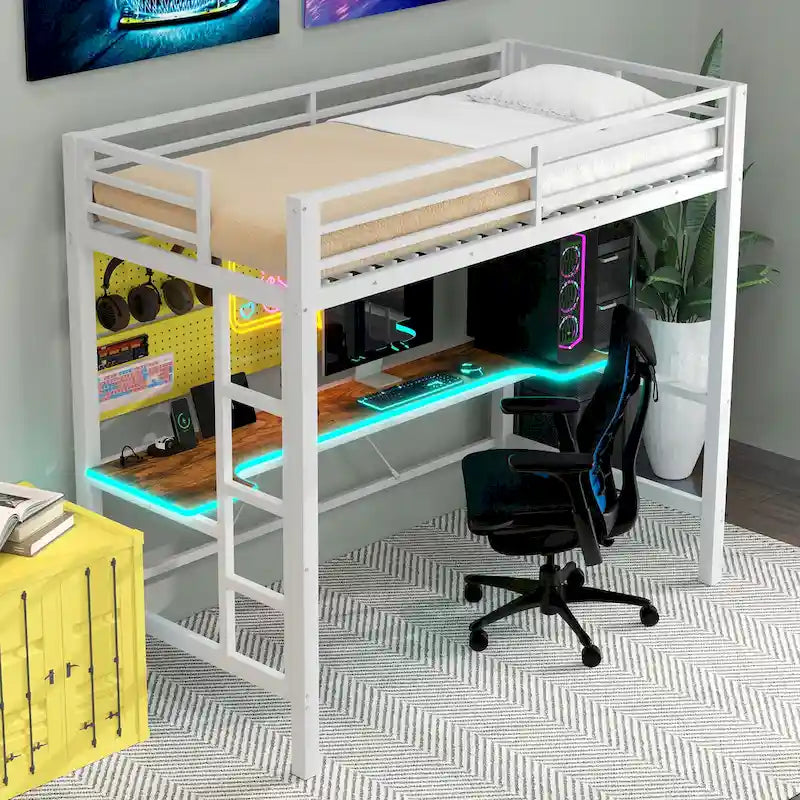 Metal Loft Bed with Desk, USB Charging Station, LED Lights, Guardrails