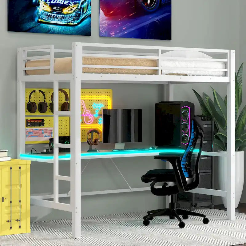 Metal Loft Bed with Desk, USB Charging Station, LED Lights, Guardrails