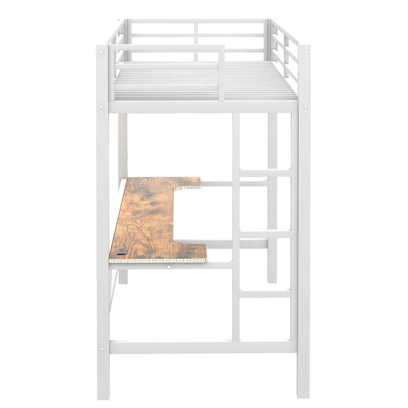 Metal Loft Bed with Desk, USB Charging Station, LED Lights, Guardrails