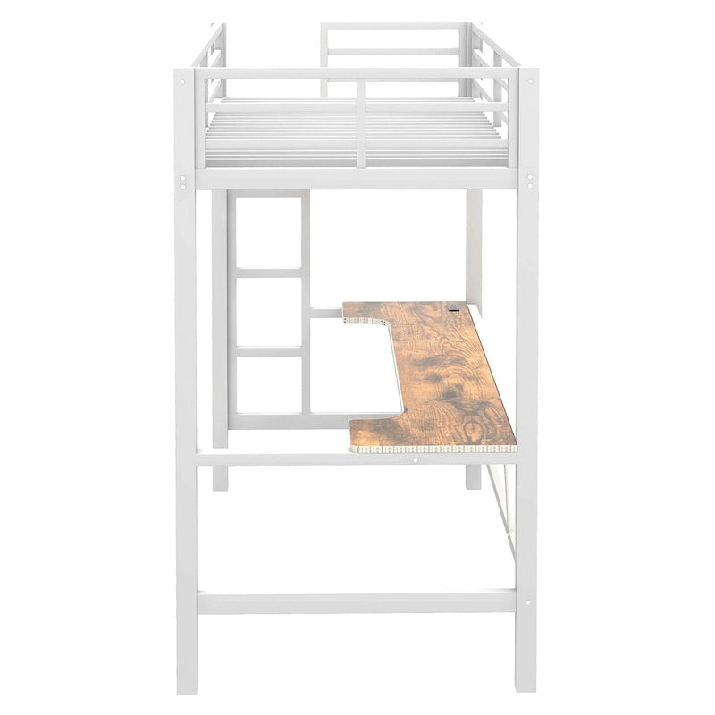 Metal Loft Bed with Desk, USB Charging Station, LED Lights, Guardrails