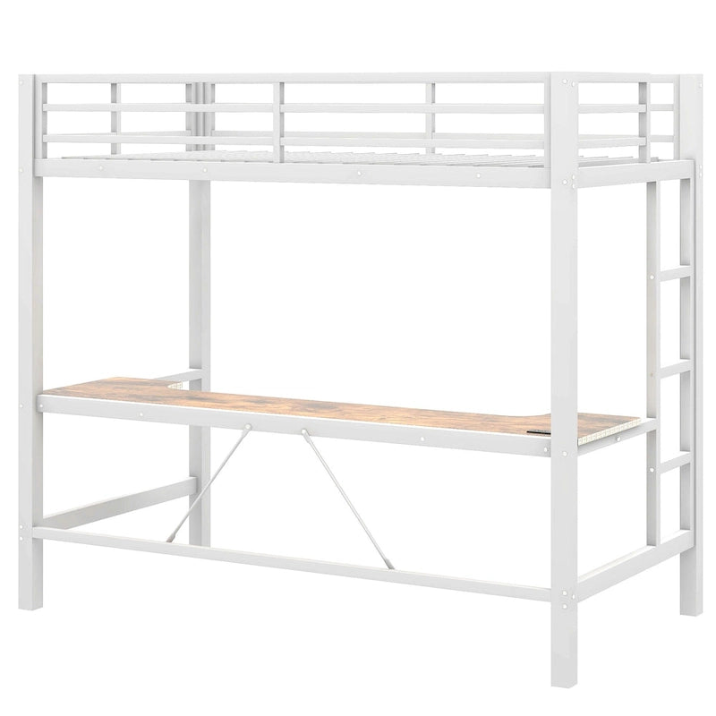 Metal Loft Bed with Desk, USB Charging Station, LED Lights, Guardrails