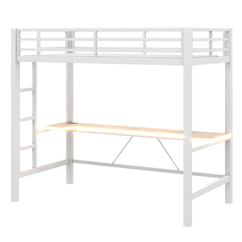 Metal Loft Bed with Desk, USB Charging Station, LED Lights, Guardrails