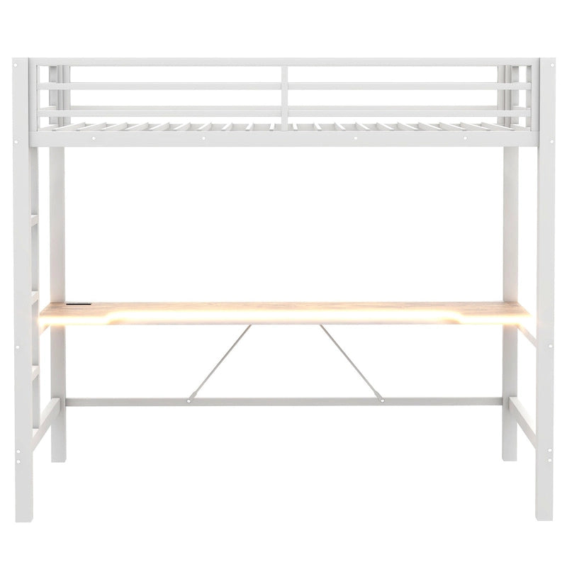 Metal Loft Bed with Desk, USB Charging Station, LED Lights, Guardrails