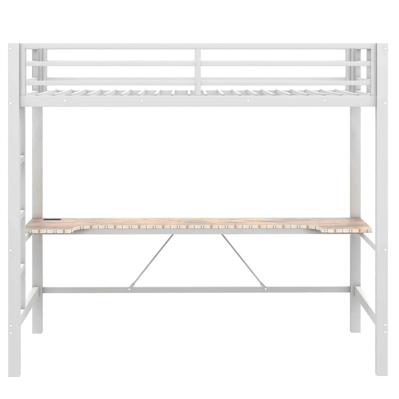 Metal Loft Bed with Desk, USB Charging Station, LED Lights, Guardrails