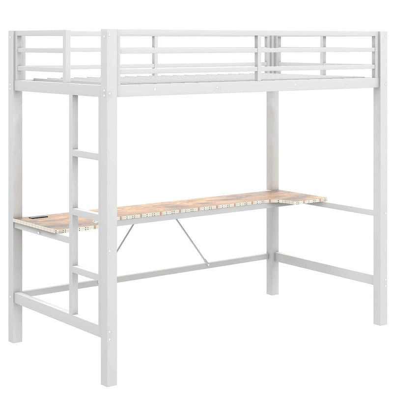 Metal Loft Bed with Desk, USB Charging Station, LED Lights, Guardrails