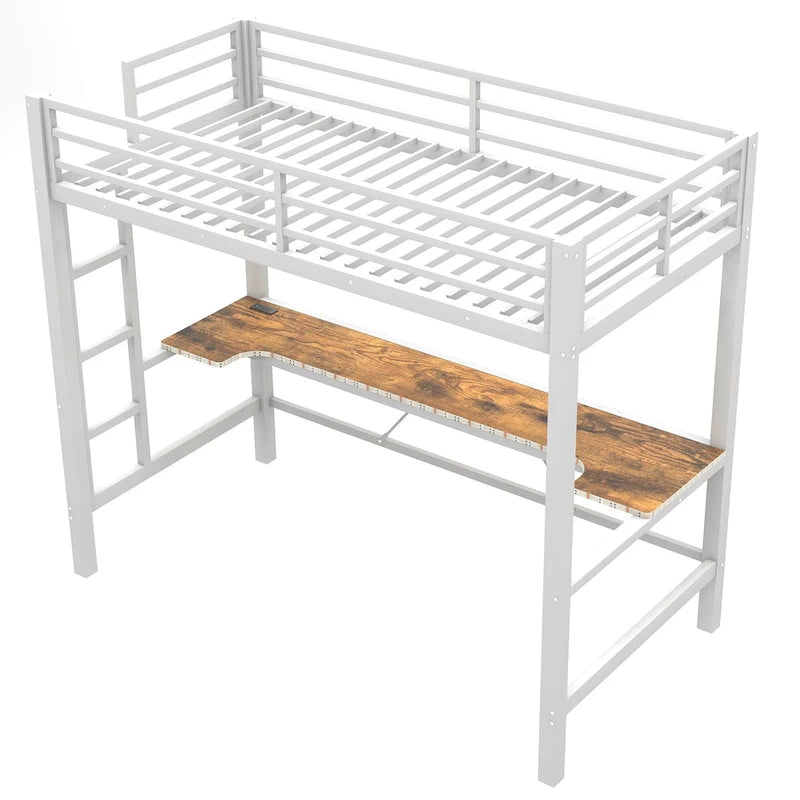 Metal Loft Bed with Desk, USB Charging Station, LED Lights, Guardrails