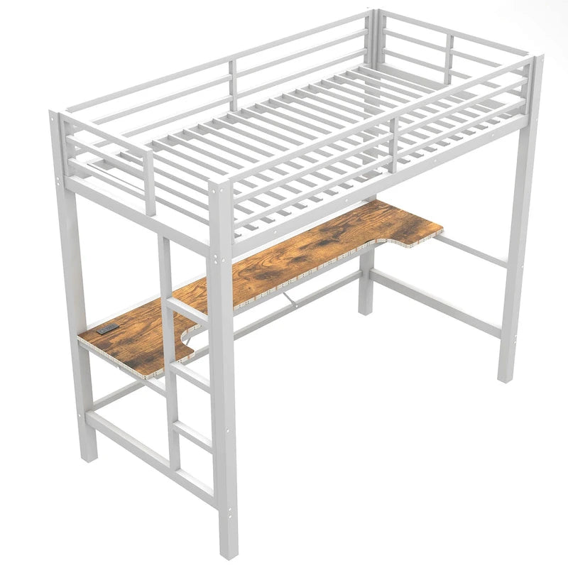 Metal Loft Bed with Desk, USB Charging Station, LED Lights, Guardrails