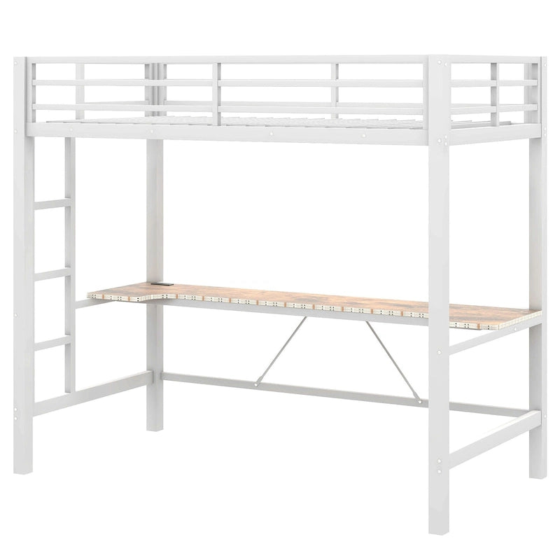 Metal Loft Bed with Desk, USB Charging Station, LED Lights, Guardrails