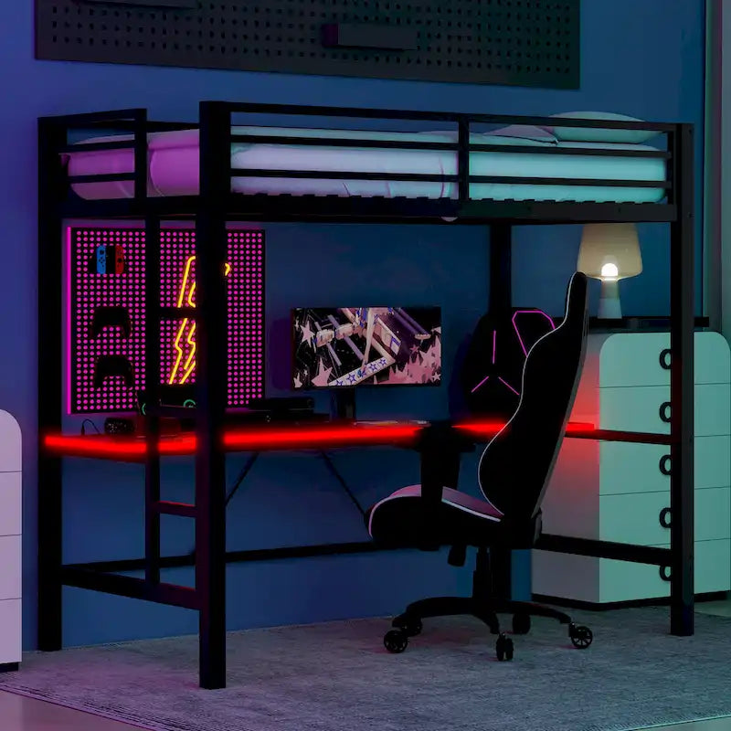 Metal Loft Bed with Desk, USB Charging Station, LED Lights, Guardrails