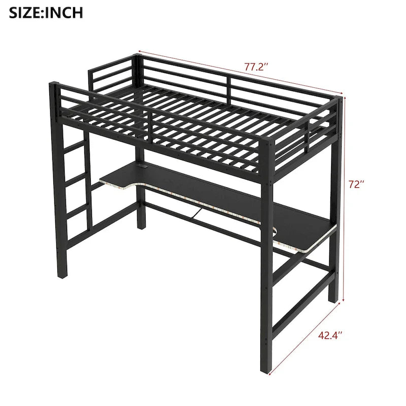 Metal Loft Bed with Desk, USB Charging Station, LED Lights, Guardrails