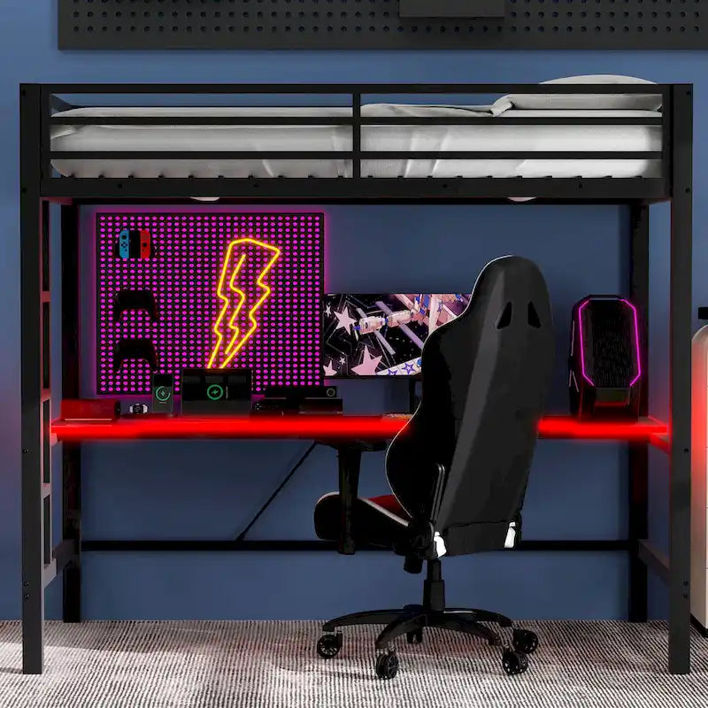 Metal Loft Bed with Desk, USB Charging Station, LED Lights, Guardrails