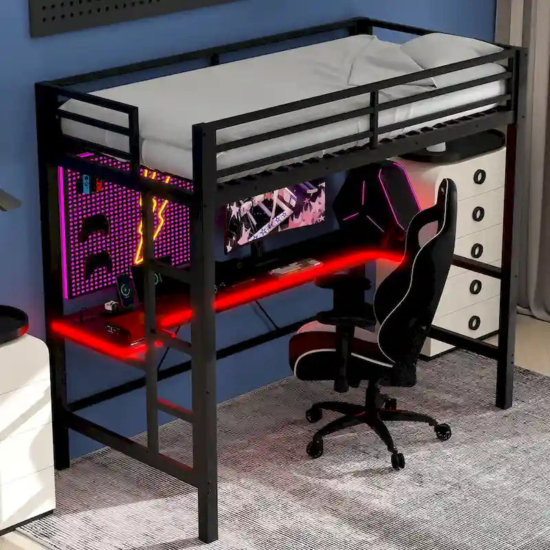 Metal Loft Bed with Desk, USB Charging Station, LED Lights, Guardrails