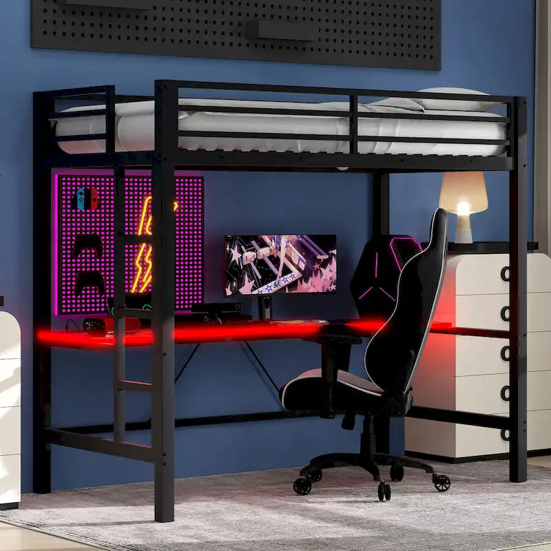 Metal Loft Bed with Desk, USB Charging Station, LED Lights, Guardrails