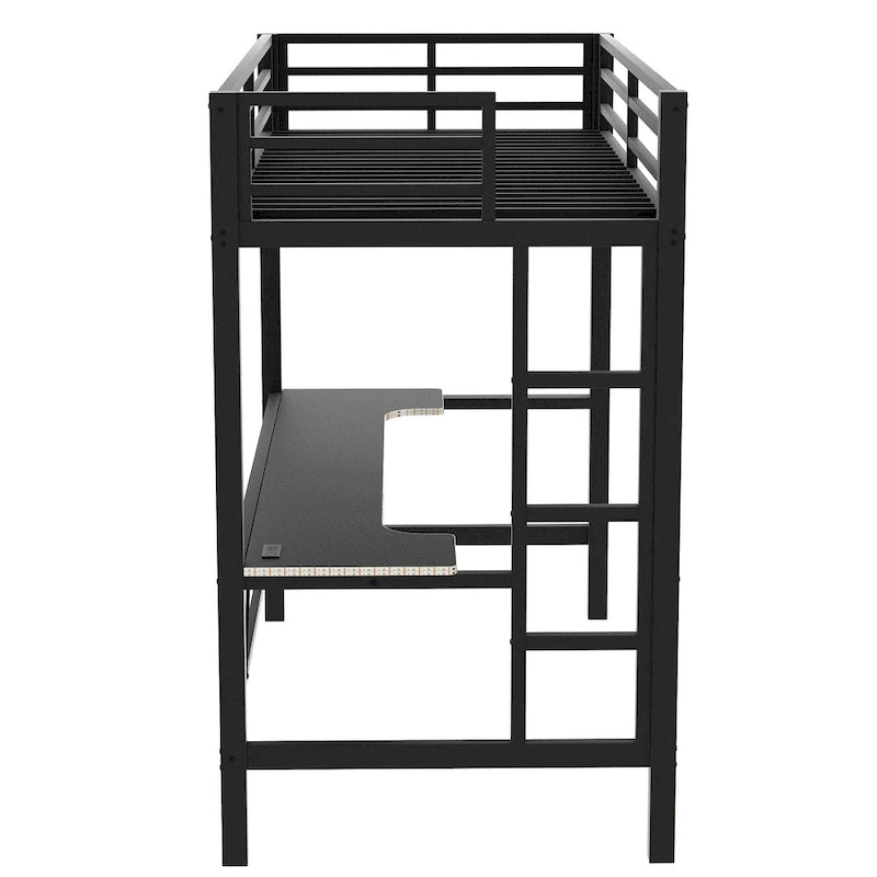 Metal Loft Bed with Desk, USB Charging Station, LED Lights, Guardrails