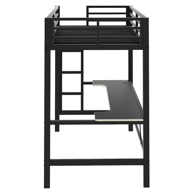 Metal Loft Bed with Desk, USB Charging Station, LED Lights, Guardrails