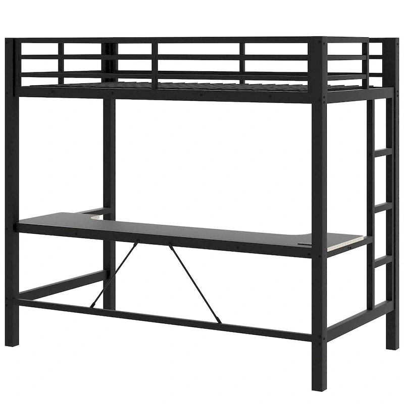 Metal Loft Bed with Desk, USB Charging Station, LED Lights, Guardrails