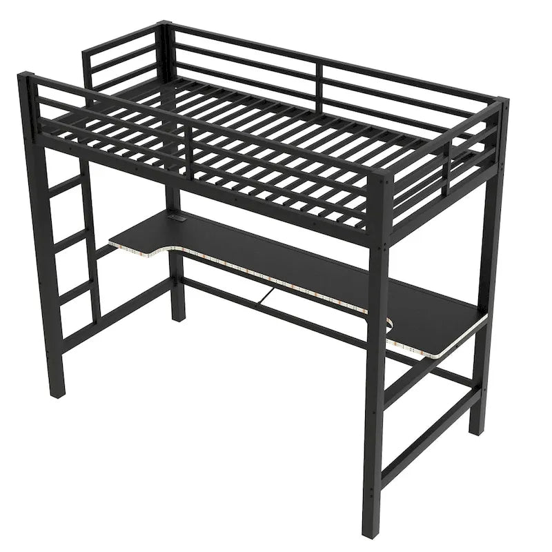 Metal Loft Bed with Desk, USB Charging Station, LED Lights, Guardrails