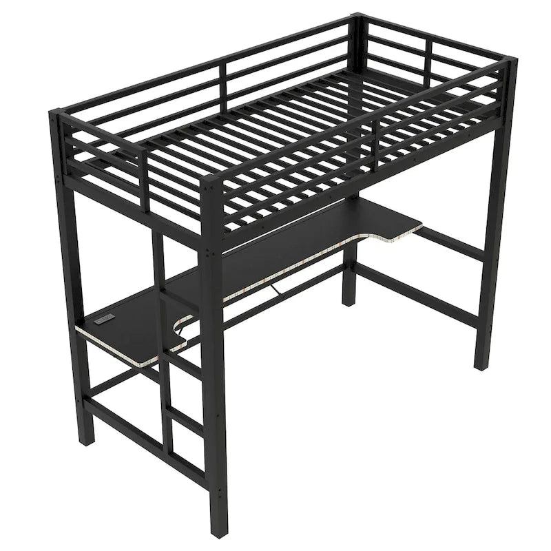 Metal Loft Bed with Desk, USB Charging Station, LED Lights, Guardrails