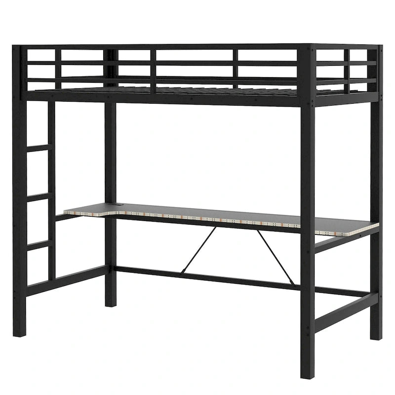 Metal Loft Bed with Desk, USB Charging Station, LED Lights, Guardrails