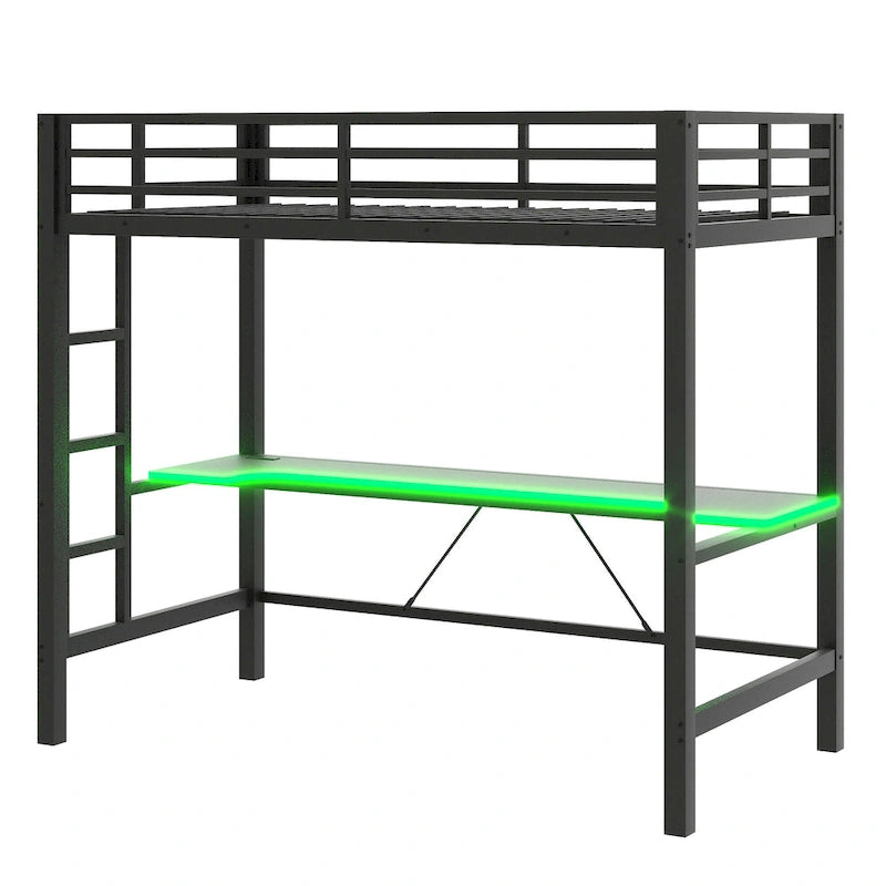 Metal Loft Bed with Desk, USB Charging Station, LED Lights, Guardrails