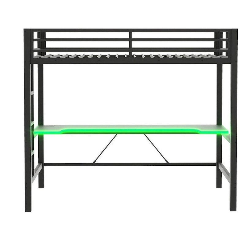 Metal Loft Bed with Desk, USB Charging Station, LED Lights, Guardrails