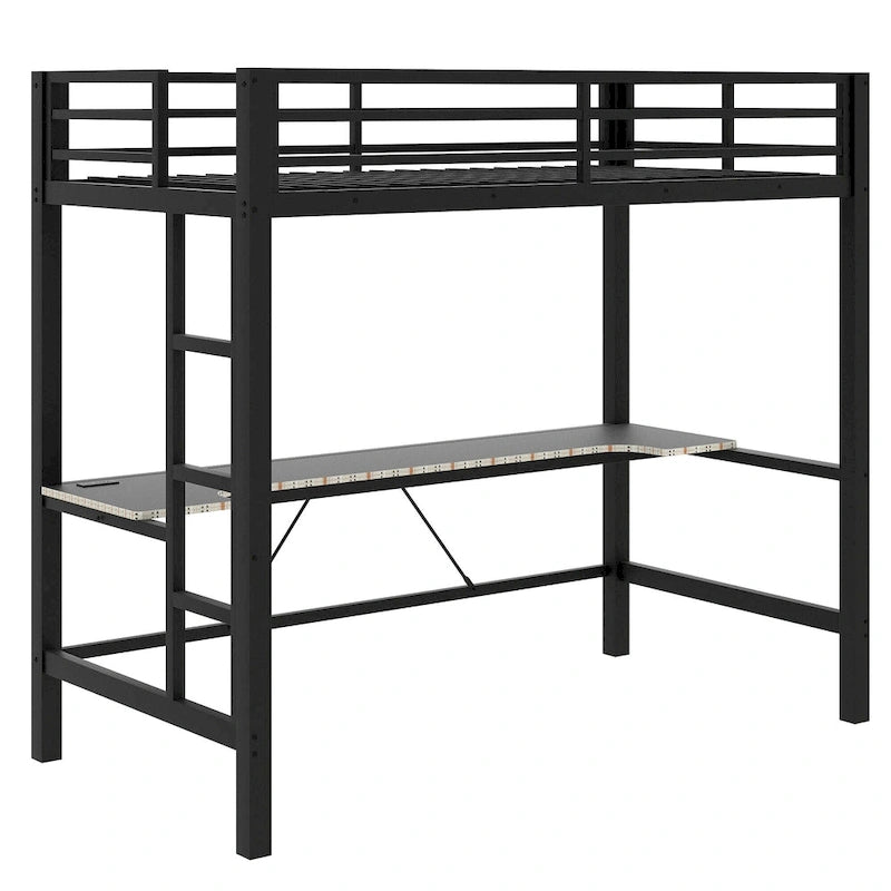 Metal Loft Bed with Desk, USB Charging Station, LED Lights, Guardrails
