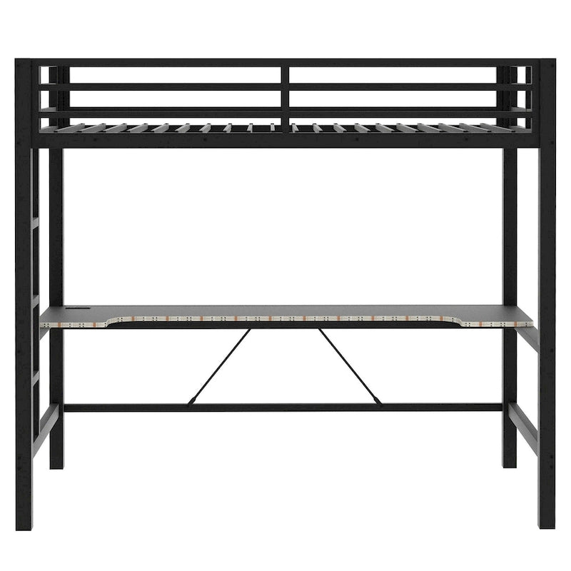 Metal Loft Bed with Desk, USB Charging Station, LED Lights, Guardrails