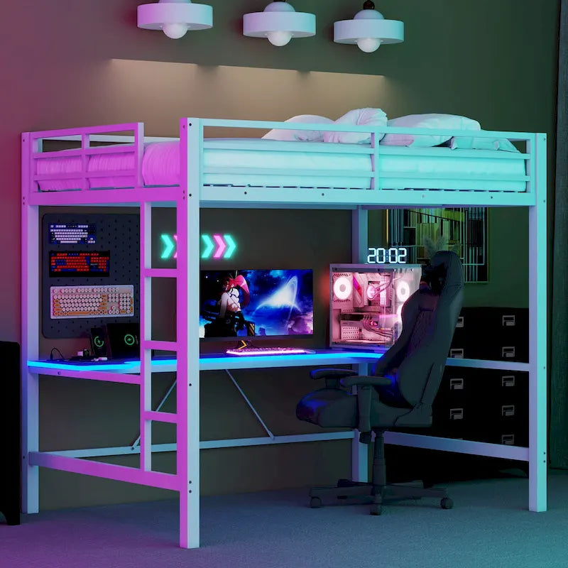 Metal Loft Bed with Desk, USB Charging Station, LED Lights, Guardrails
