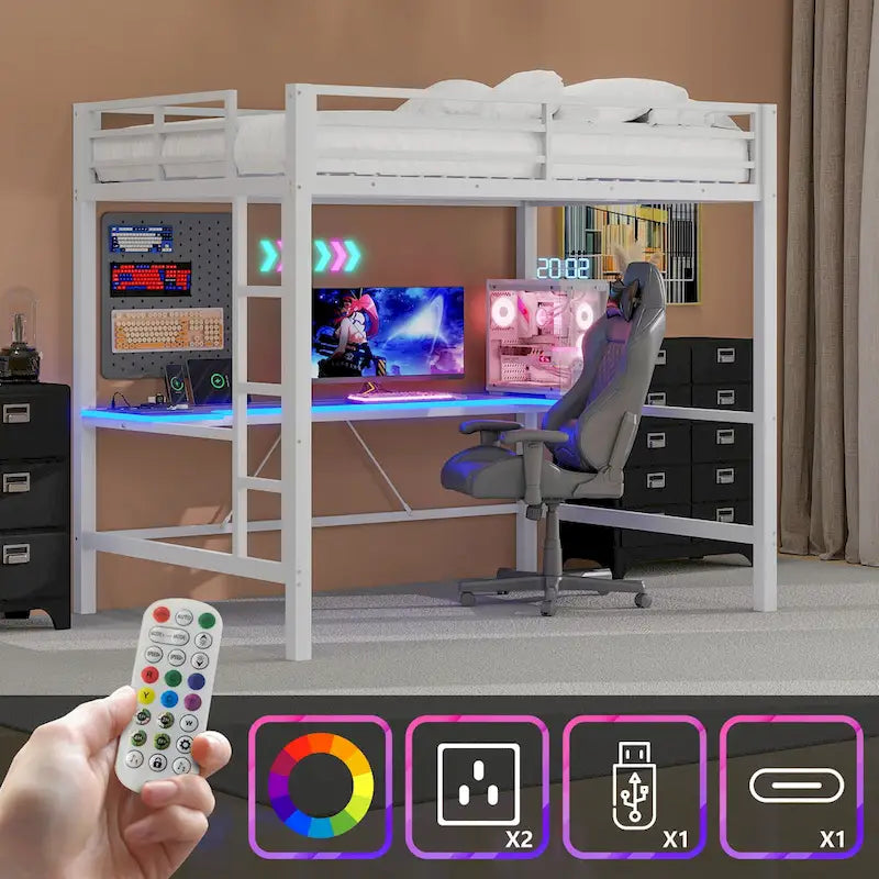 Metal Loft Bed with Desk, USB Charging Station, LED Lights, Guardrails