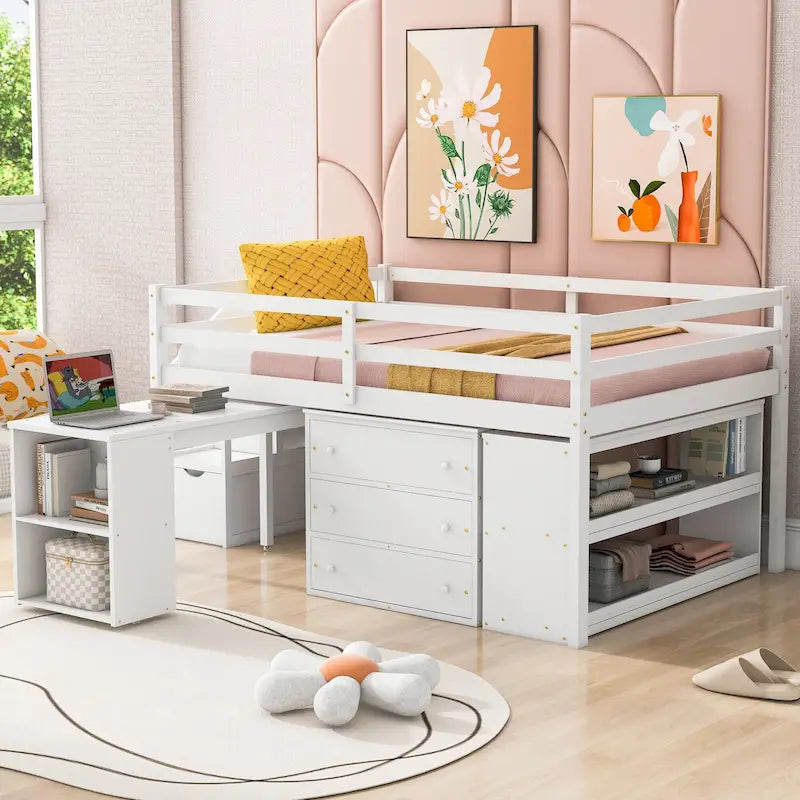 Full Wood Loft Bed with Retractable Desk, Drawers, Storage Stairs, Shelves