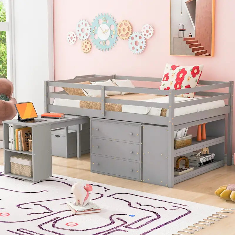 Full Wood Loft Bed with Retractable Desk, Drawers, Storage Stairs, Shelves