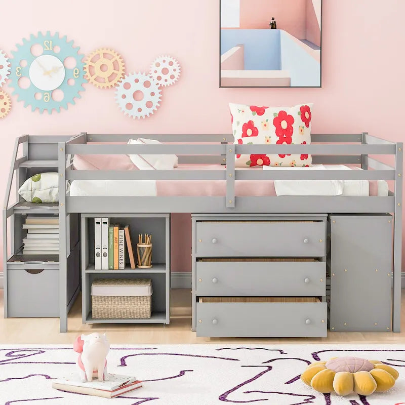 Full Size Storage Bed All-in-one Wooden Loft Bed with Retractable Writing Desk, Drawers, Storage Stairs and Shelves
